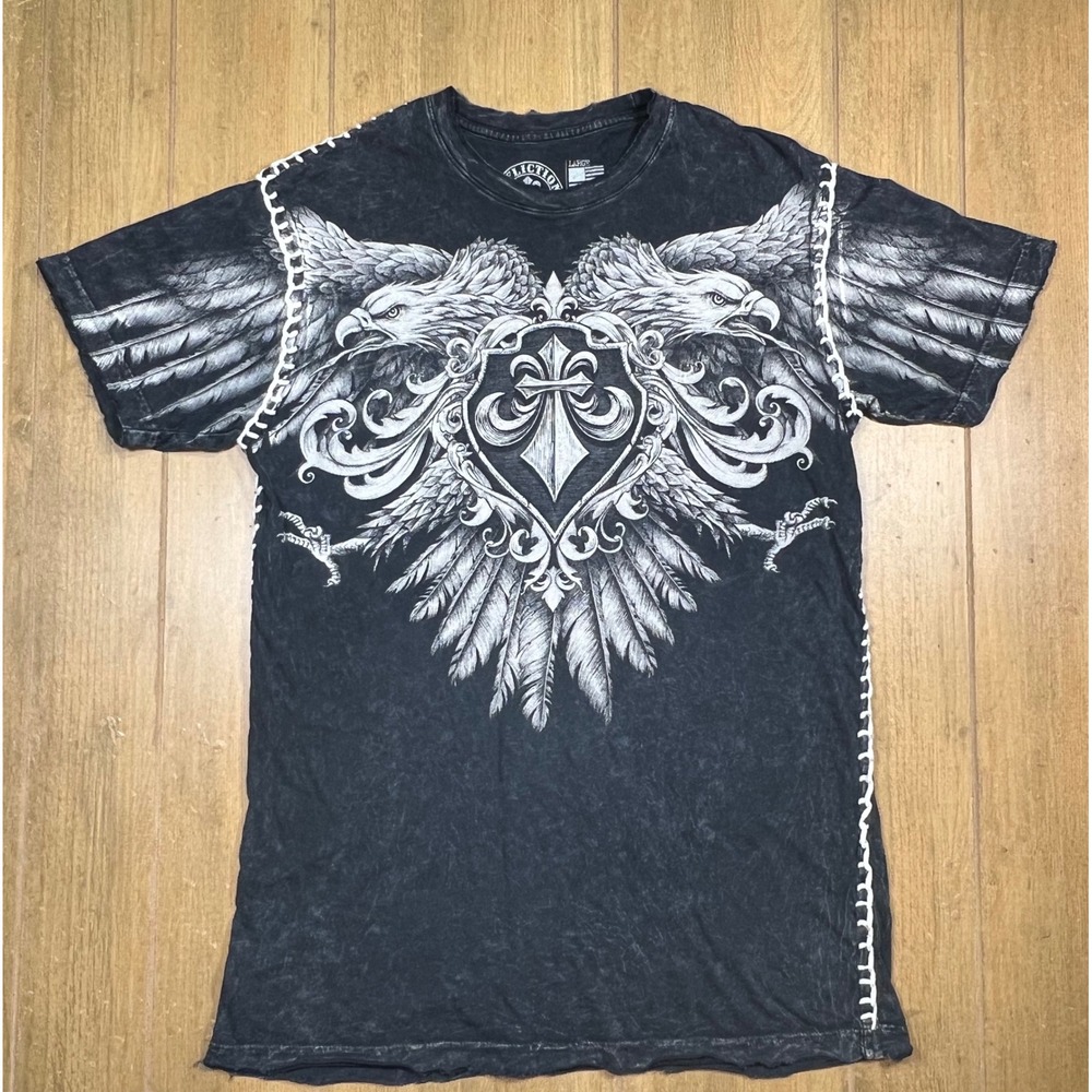 Affliction Graphic T-Shirt Black Acid Wash Eagle Cross Whipstitch Lg made in USA